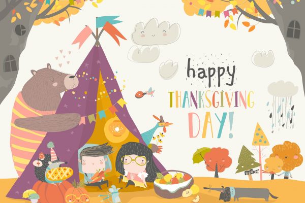 儿童与动物庆祝感恩节主题卡通绘画矢量插画素材 Cute kids celebrating Thanksgiving day with animal