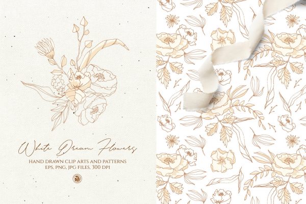 白色梦幻花卉手绘图案矢量素材 White Dream Flowers